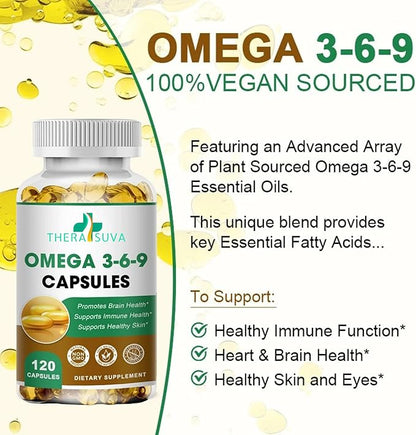 High-Potency Omega 3-6-9, 100% Vegan Sourced Natural Supplement for Heart and Joint Health 120 Softgels, 60 Day Supply