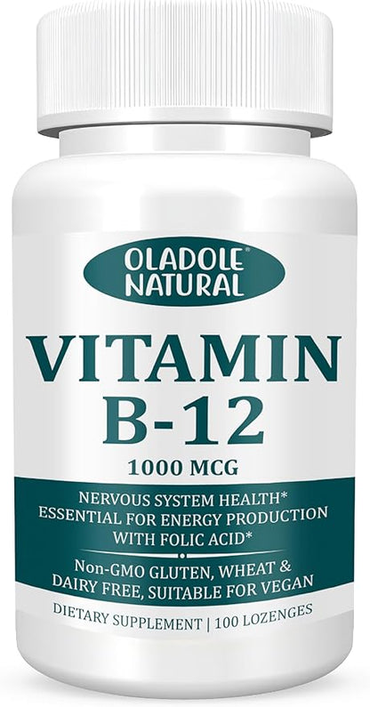 Vitamin B-12 (1000mcg) - 100 Lozenges Black Cherry Flavour | Formulated with Folic Acid | Energy Boost, Red Blood Cell Formation, Nervous System Support & Immune Health | Non-GMO