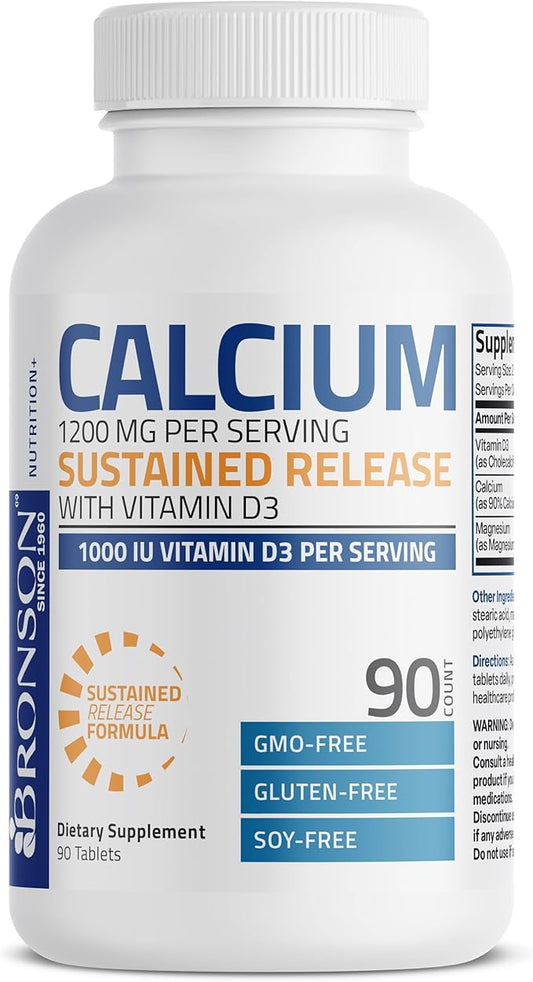 Bronson Calcium 1200 MG Per Serving Sustained Release with Vitamin D3 1000 IU Vitamin D3 Per Serving Non-GMO, 90 Tablets