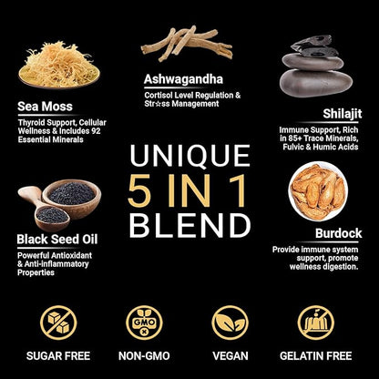 Sugar Free Shilajit Ashwagandha Sea Moss Gummies with Black Seed Oil - Ashwagandha + Shilajit + Sea Moss + Black Seed + Burdock