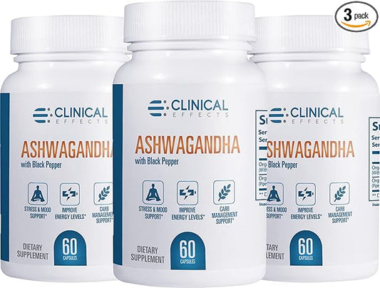 Clinical Effects Ashwagandha with Black Pepper for Stamina and Calm - 3 Pack, 180 Ashwagandha Capsules - Made in The USA