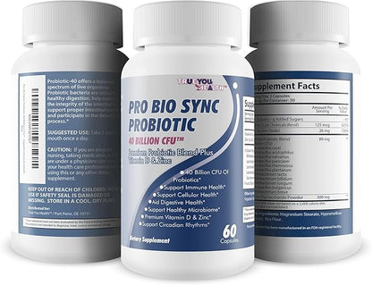 Pro Bio Sync Probiotic 40 Billion CFU - Premium Probiotic Supplement with Immune Support - Help Improve Gut Microbiome - Multiple Health Benefits - Support Digestion, Cellular Health, Circadian Rhythm