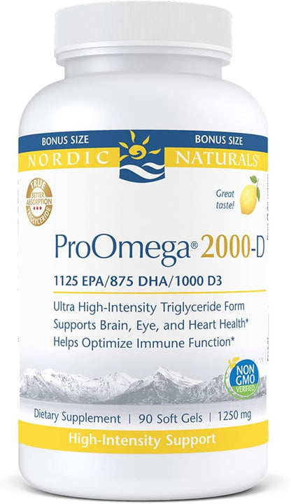 Nordic Naturals ProOmega 2000-D, Lemon Flavor - 90 Soft Gels - 2150 mg Omega-3 + 1000 IU D3 - Ultra High-Potency Fish Oil - EPA & DHA - Brain, Heart, & Immune Health - Non-GMO - 45 Servings
