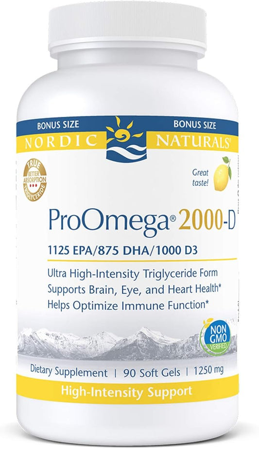 Nordic Naturals ProOmega 2000-D, Lemon Flavor - 90 Soft Gels - 2150 mg Omega-3 + 1000 IU D3 - Ultra High-Potency Fish Oil - EPA & DHA - Brain, Heart, & Immune Health - Non-GMO - 45 Servings