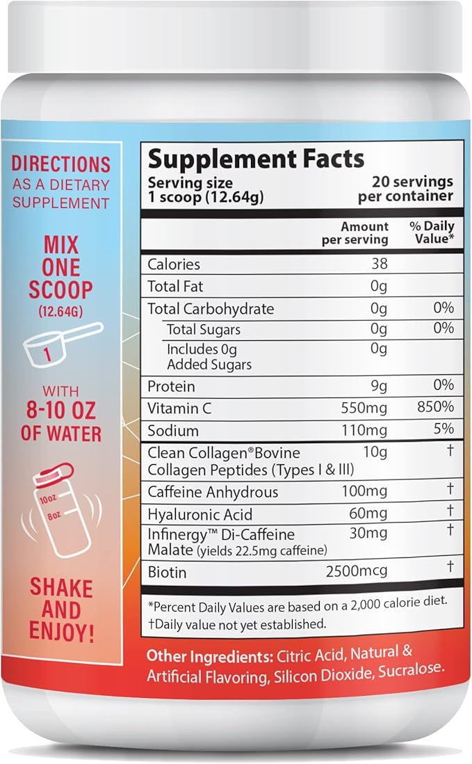 Peptide Energy Collagen Powder Hair, Nail, Skin, Type I & III,Caffeine for Energy, Vitamin C, Biotin, Hyaluronic Acid, Zero Sugar – 8.92 oz (Strawberry Margarita)