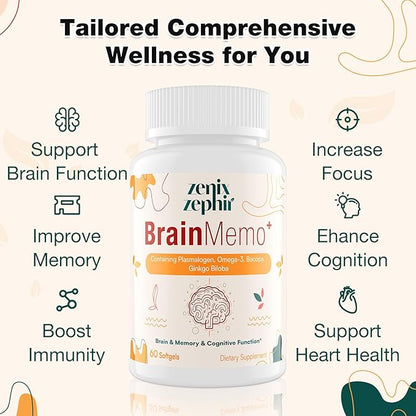 Memory Focus Supplement - Brain Support with Omega-3, Bacopa and Plasmalogens for Enhanced Cognitive Function - Concentration and Memory - Non-GMO, 60 Softgels