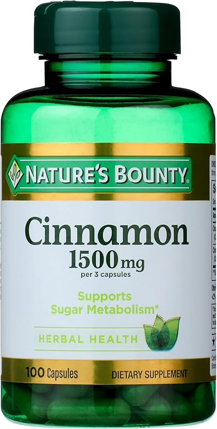 Nature's Bounty Cinnamon Capsules, Herbal Supplement, Supports Sugar Metabolism, 1500mg, 100 Capsules
