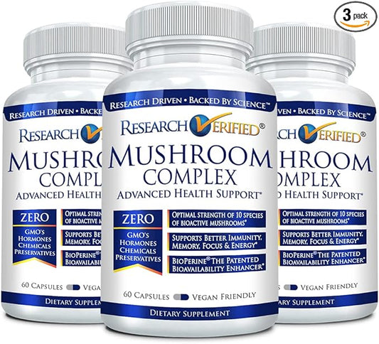 Research Verified Mushroom Complex - Support Immunity, Boost Antioxidants, Improve Cognitive Function - 10 Mushrooms Including Reishi, Maitake, and Shiitake - 180 Capsules - Vegan