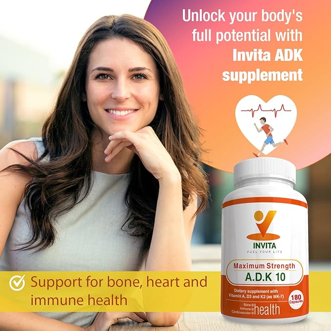 INVITA ADK - Vitamins A1, Vitamin D3 5000 IU & K2 MK7 Supplement - Physician Formulated Bone & Immune System Support - Gluten Free, Non-GMO - 180 Vegetarian Capsules for Men & Women