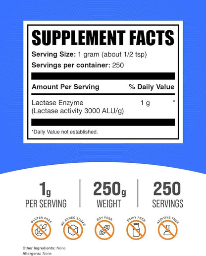 BulkSupplements.com Lactase Enzyme (3000 ALU) Powder - Digestive Enzyme Lactase, Lactase Enzyme Supplement - Gluten Free, 1g per Serving, 250g (8.8 oz) (Pack of 1)