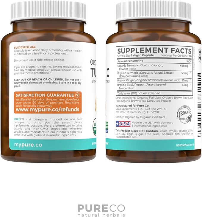 USDA Organic Turmeric Curcumin with Black Pepper and Ginger (2 Month Supply) Joint Support Supplement with Tumeric and Ginger Root Powder - Organic Turmeric Supplement - 60 Vegan Capsules (No Pills)