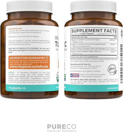 USDA Organic Turmeric Curcumin with Black Pepper and Ginger (2 Month Supply) Joint Support Supplement with Tumeric and Ginger Root Powder - Organic Turmeric Supplement - 60 Vegan Capsules (No Pills)