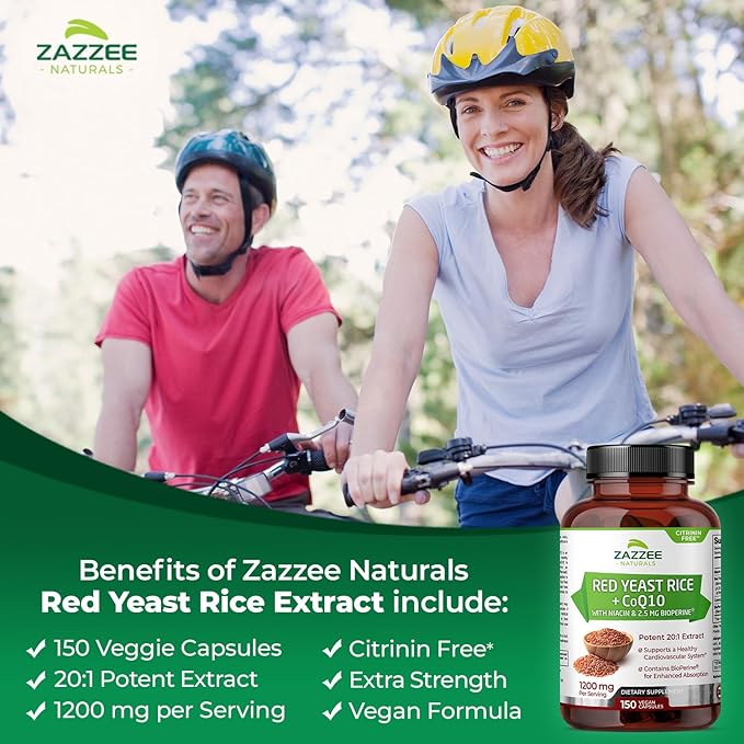 Zazzee Red Yeast Rice 1200 mg with CoQ10, 150 Vegan Capsules, Extra Strength 20:1 Extract, Citrinin Free, Supports Cardiovascular and Blood Circulation Health, All-Natural, Non-GMO, Made in The USA