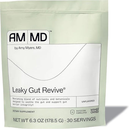 Amy Myers MD Leaky Gut Revive Powder for Leaky Gut Repair -L Glutamine, Slippery Elm -Supports Constipation, Diarrhea, Bloating, Heartburn, SIBO -Licorice & Marshmallow Root - Unflavoured-6.30 Oz