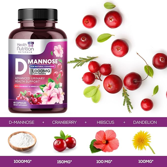D-Mannose with Cranberry, Hibiscus & Dandelion 1350mg Advanced Formula – Urinary Tract Support Supplement for Women & Men – Flush & Cleanse Impurities – Non-GMO, Vegan for Women & Men – 60 Capsules