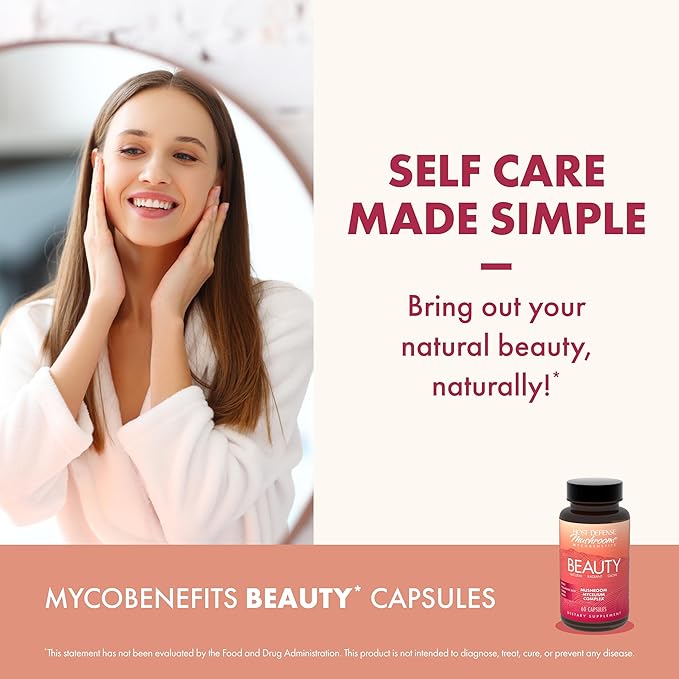 Host Defense MycoBenefits Beauty Capsules - Supplement for Healthy Hair & Nail Strength - Skin Elasticity & Health Aid - Mushroom Supplement with Biotin & Hyaluronic Acid - 60 Capsules (30 Servings)