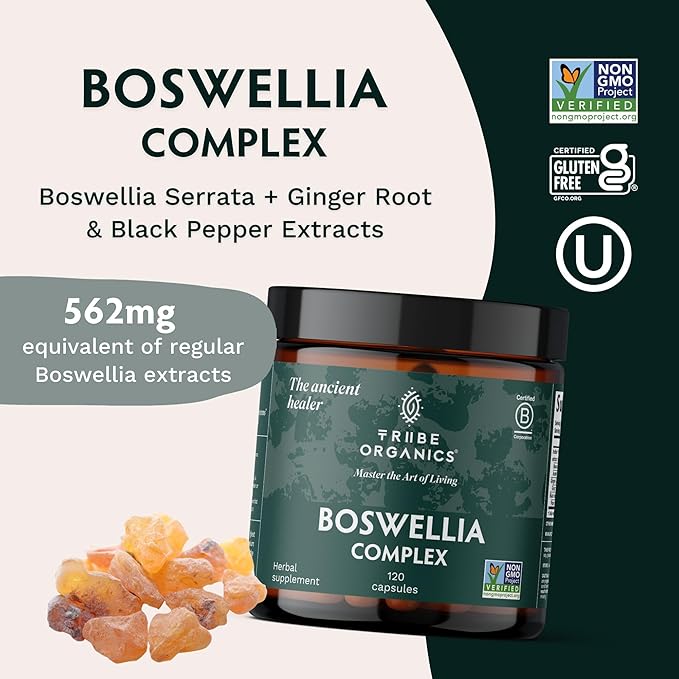 TRIBE ORGANICS Boswellia Serrata Complex Supplement for Joint Support, Muscle Relief - Vegetarian Non-GMO 120 Capsules, High Potency - Boswellin Super with Ginger Extract & Black Pepper - 420mg