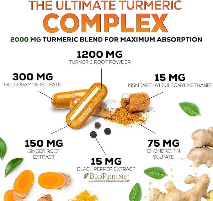 Turmeric Curcumin Supplement 2000mg with Glucosamine Chondroitin & Ginger, 95% Curcuminoids, BioPerine Black Pepper for Best Absorption, Nature's Joint Support, Non-GMO, Bottled in USA - 240 Capsules