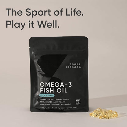 Sports Research Triple Strength Omega 3 Fish Oil - Burpless Fish Oil Supplement w/EPA & DHA Fatty Acids from Wild Alaskan Pollock - Heart, Brain & Immune Support for Men & Women - 1250 mg, 240 ct