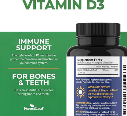 ForestLeaf Vitamin D3 5000 IU | VIT D - VIT D3 Vitamin D Supplements for Women and Men | Bone Health, Teeth and Immune Support | Easy to Swallow Pills | One Capsule Daily, 6-Month Supply, 180 Count