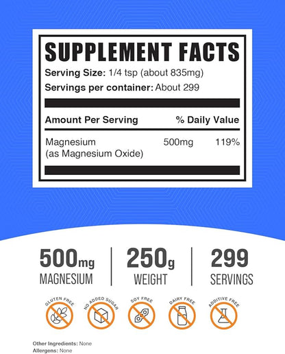 BulkSupplements.com Magnesium Oxide Powder - Magnesium Oxide Supplement, Magnesium Oxide 500mg - Gluten Free, 835mg (500mg of Magnesium) per Serving, 250g (8.8 oz) (Pack of 1)