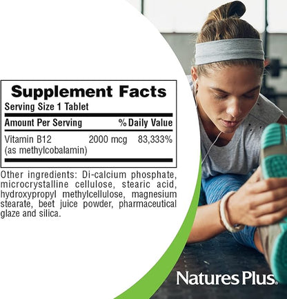 Natures Plus Vitamin B12 (Methylcobalamin), Sustained Release - 2000 mcg, 60 Vegetarian Tablets - High Potency Red Blood Cell Support - Natural Energy Booster - Gluten-Free - 60 Servings
