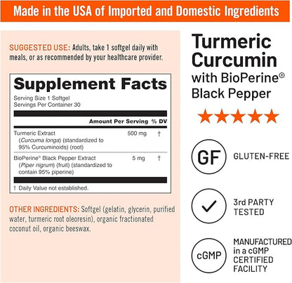 NatureWise Turmeric Curcumin 500mg with Black Pepper Softgels - Extra Strength, Enhanced Absorption - 95% Curcuminoids & BioPerine for Immune Support - Gluten-Free, Non-GMO - 30 Count[1-Month Supply]