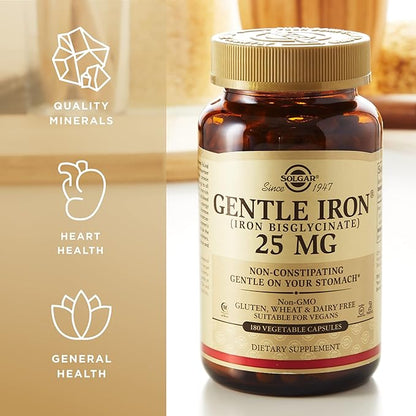 Solgar Gentle Iron (Iron Bisglycinate) 25 mg - 180 Vegetable Capsules - Non-Constipating, Gentle on Your Stomach - Non-GMO, Gluten Free - 180 Servings
