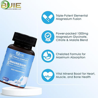 BUIE Triple Complex Magnesium 300mg | High Absorption Magnesium Glycinate, Citrate & Malate Supplement | Supports Muscle Strength, Metabolism, Heart & Bone Health | Vegan Non-GMO | 90 Capsules