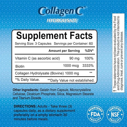 CollagenC - Collagen Hydrolysate Capsules with Biotin by Alfa Vitamins - Anti-Aging Nutritional Supplement for Skin, Nails & Hair Rejuvenation - Supports Bone & Muscle - Made in USA - 180 Capsules