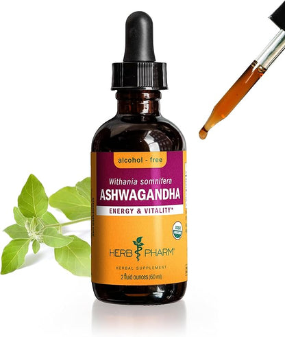 Herb Pharm Certified Organic Ashwagandha Extract Drops for Traditional Support for Energy and Vitality, Alcohol-Free Glycerite, 2 Oz
