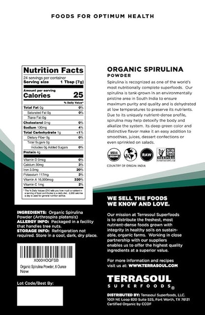 Terrasoul Superfoods Organic Spirulina Powder, 6 Oz, Vegan Protein, Green Superfood Boost for Smoothies, Detoxifying Elixirs, and Immune Support