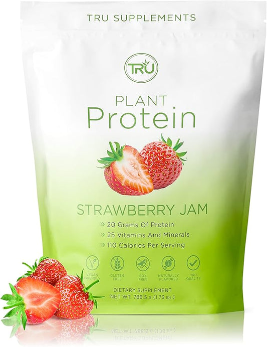 TRU Supplements Plant Based Protein Powder, BCAA, EAA, 20g Vegan Brown Rice & Pea Protein, 100 Calories, 27 Vitamins, No Artificial Flavors 25 Servings (Strawberry Jam)