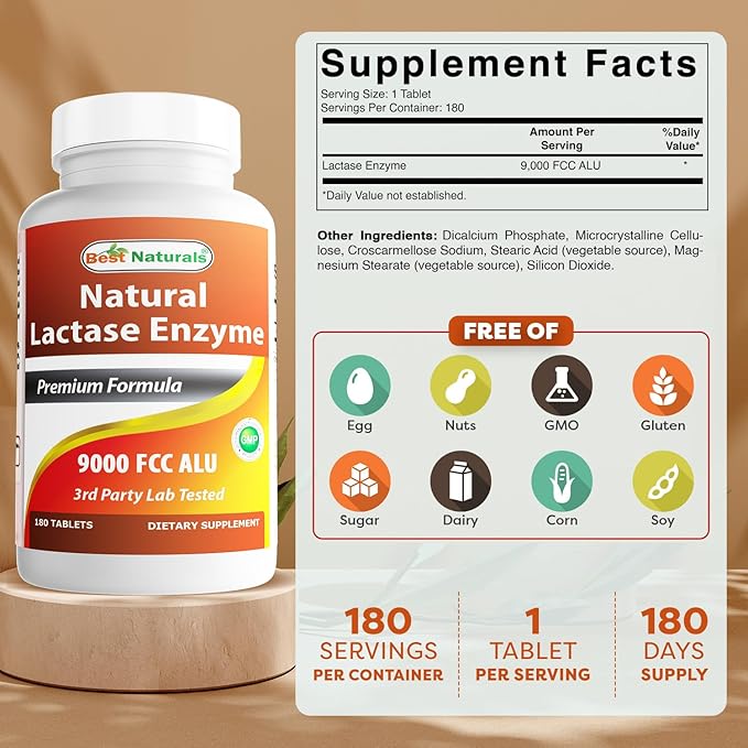 Best Naturals Lactose Intolerance Relief Tablets with Natural Lactase Enzyme, Fast Acting High Potency Lactase, 9000 FCC ALU, 90 Count