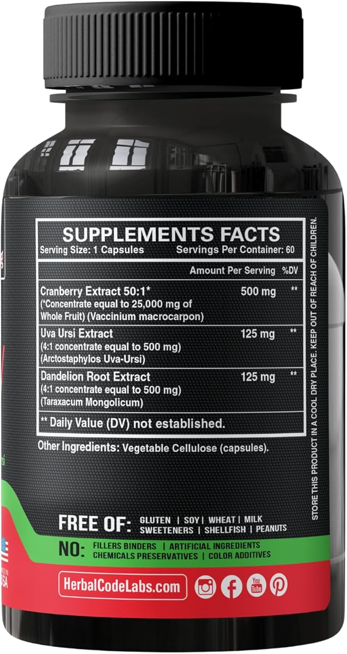 Cranberry Extract Pills - Super Strength 50:1 Whole Fruit Concentrate Equals to 25,000mg of Fresh Cranberries Plus Dandelion & Uva Ursi - Natural UTI Support - Kidney Cleanse & Urinary Tract Health