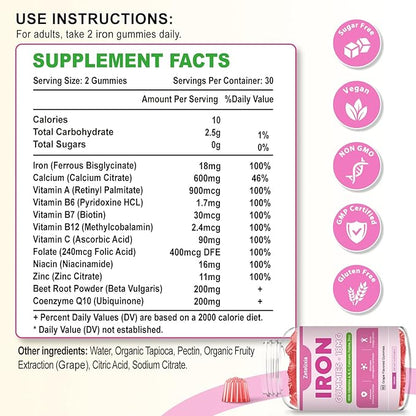 Vegan Iron Supplement Gummies for Women & Men, Anemia, Blood Builder & Energy Support for Iron Deficiency, with Vitamin C, A, B Complex, Folate, Beet Root, CoQ10, Zinc, Sugar Free, 60 Count