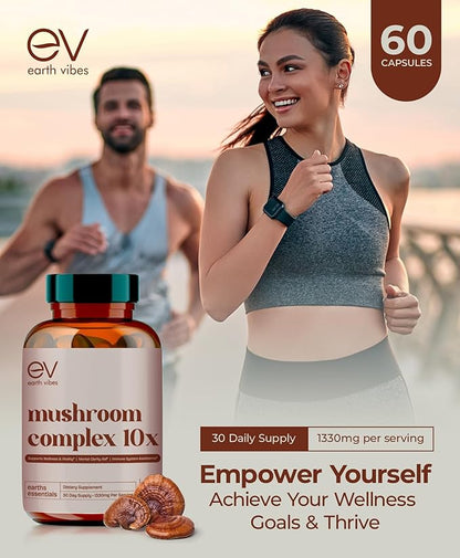 Earth Vibes 10-in-1 Mushroom Complex - 60 Vegan Capsules | Supports Immune Function & Cognitive Health | Includes Lion's Mane, Cordyceps, Reishi & Chaga | Improve Energy, Memory & Focus | Non-GMO