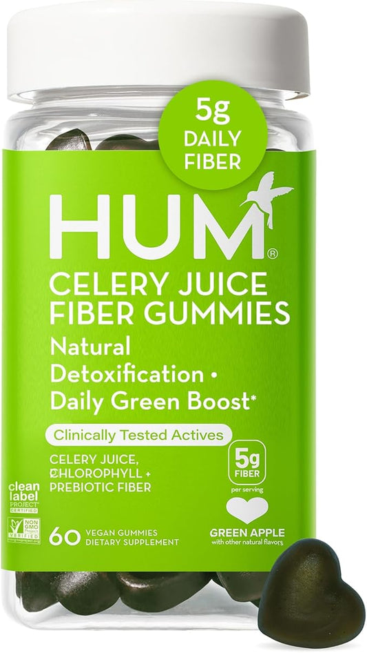HUM Celery Juice Fiber Gummies The First Prebiotic Celery Juice Gummy, Supports Detoxification and A Daily Green Boost with Celery Juice, Chlorophyll, and Prebiotic Fiber (60-Count)