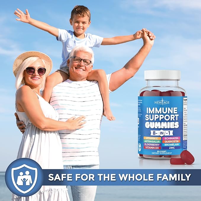NEW AGE 8 in 1 Immune Support Booster Supplement with Astragalus Root, Vitamin C and Zinc 50mg, Vitamin D 5000 IU, Quercetin & Bromelain (8 in 1 Gummies (Pack of 3))