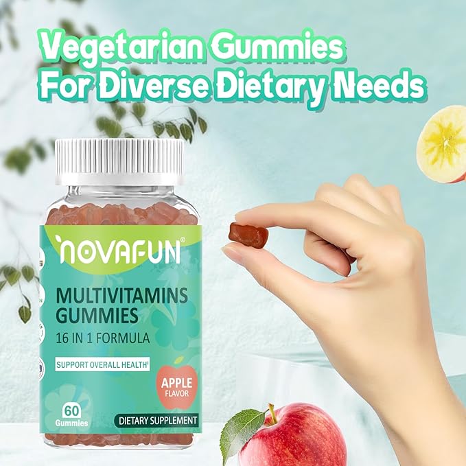 Multivitamin Gummies,16-in-1 Supplement with Essential Vitamins & Minerals for Overall Health, Vegetarian & Gluten-Free, Apple Flavor, 60 Count