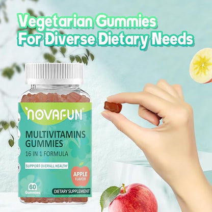 Multivitamin Gummies,16-in-1 Supplement with Essential Vitamins & Minerals for Overall Health, Vegetarian & Gluten-Free, Apple Flavor, 60 Count