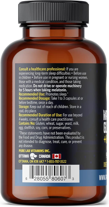 Magnesium Glycinate with Melatonin 3 mg - 90 Vegan Caps by Pure Lab Vitamins - Helps with Jet Lag and Sleep Cycles 🍁 Made in Canada