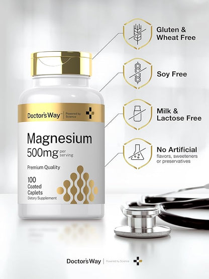 Doctor's Way Magnesium Supplement 500mg | 100 Coated Caplets | Magnesium Oxide | Vegetarian, Non-GMO, Gluten Free