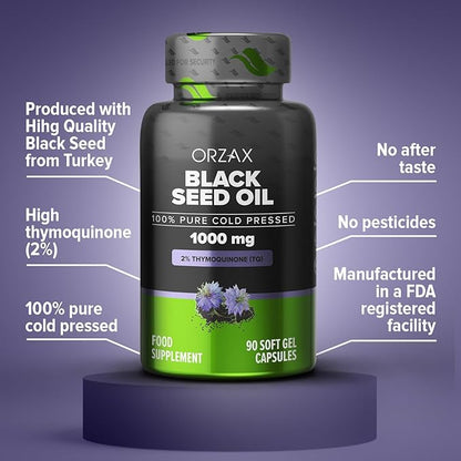 ORZAX Black Seed Oil Cold Pressed 100% Pure | Non-GMO - Rich in Omega 3 6 9 & Thymoquinone | Black Cumin Nigella Sativa Oil for Immune Support, Hair, Skin, Face (1000 mg - 90 Softgel Capsules)