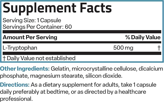 Bronson L-Tryptophan 500 MG High Potency Essential Amino Acid Supports Relaxation & Positive Mood Support Non-GMO, 60 Capsules