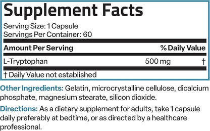 Bronson L-Tryptophan 500 MG High Potency Essential Amino Acid Supports Relaxation & Positive Mood Support Non-GMO, 60 Capsules