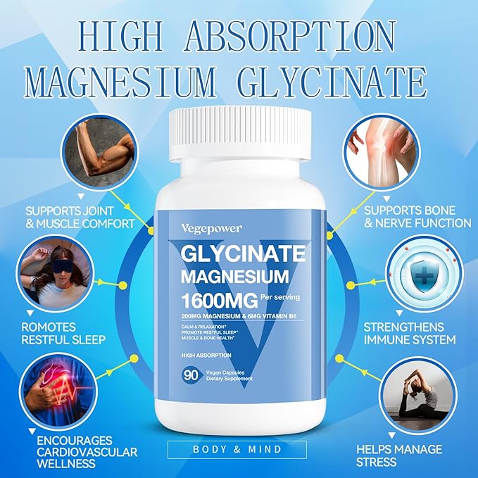 Magnesium Glycinate Supplements 1600mg - with Vitamin B6 & Zinc, Vitamin D3, Vegan Bisglycinate Magnesium for Sleep, Muscle, Bone Health, High Absorption, Gentle On Stomach, Non-GMO, 180 Caps