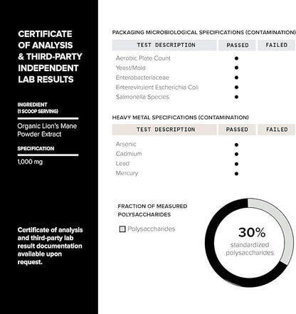 Lion’s Mane Powder - Ultra High Potency 10:1 Extract with 30% Polysaccharides - Highly Concentrated - Third-Party Lab Tested - 90g