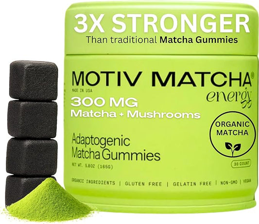 Motiv- Organic Matcha & Mushrooms Gummies, 300 MG Concentrate Matcha Green Tea Natural Energy, Mushroom Blend | Improve Brain Function, Immune Support, Gut Health, Reduce Stress - Vegan, Non-GMO