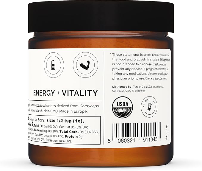 Erbology Organic Cordyceps Mushroom Powder 50 Servings - 48% Beta-glucans - Energy and Performance - Cordyceps Sinensis - Small Batch - Sustainably Grown in Europe - Vegan - Non-GMO - No Added Fillers